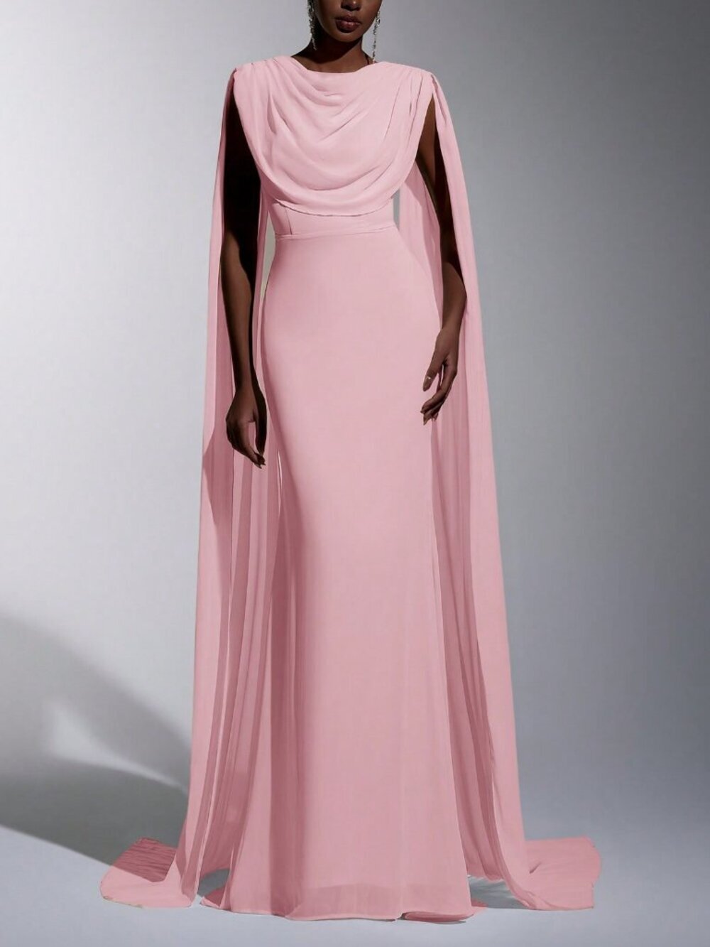 Baby Pink Elegant Party Women's Chiffon Ruffle Neck Fishtail Formal Dress